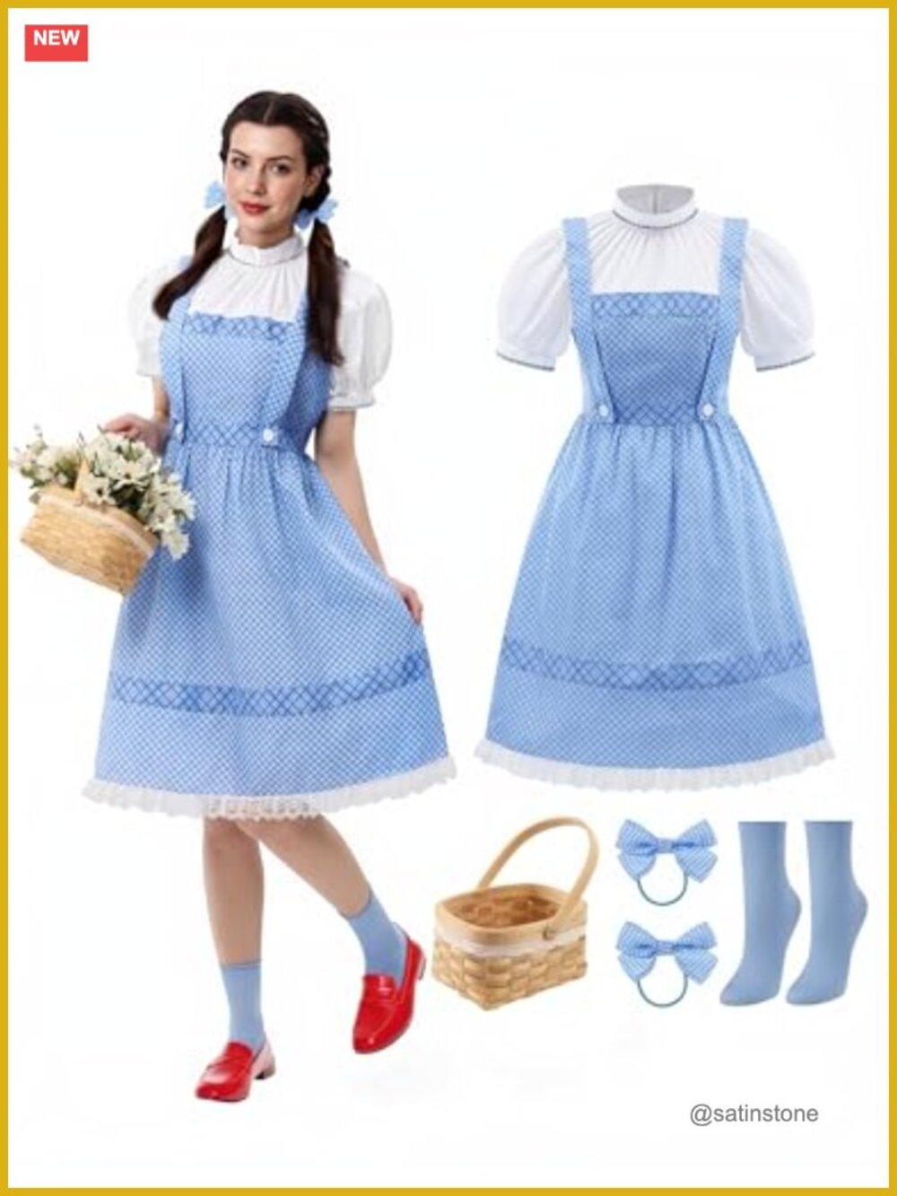 Gingham Fairy Dress Costume w Headband Socks Picnic Basket Cosplay